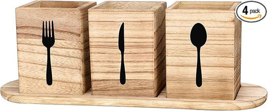 Kathfly 4 Pcs Silverware Caddy Utensil Holder for Countertop Silverware Organizer with Wood Tray Spoon Fork Holder 3. 15 x 3. 15 x 4. 53 Inches of Each Organizer for Kitchen Parties(Brown)