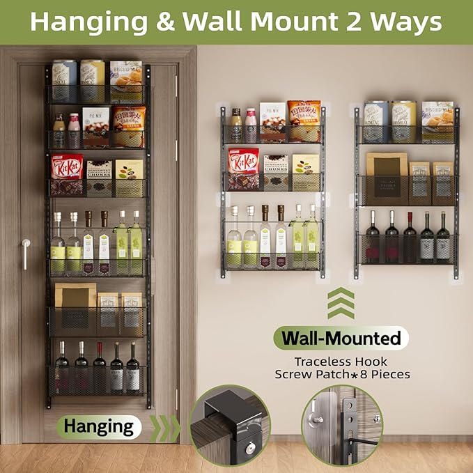 Over The Door Pantry Organizer, 6-Tier Metal Hanging & Wall Mount Spice Rack, Kitchen Storage Room Organization