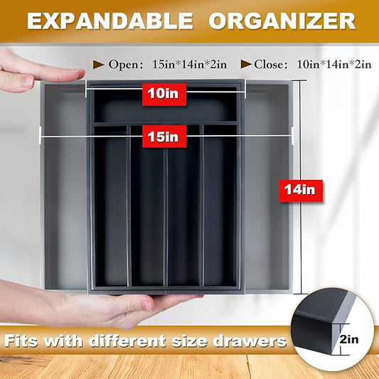 Expandable Utensil Organizer Silverware Organizer for Kitchen Adjustable Utensils Holder Bamboo Large Flatware Silverware Cutlery in Drawer (7 Slot, Black)