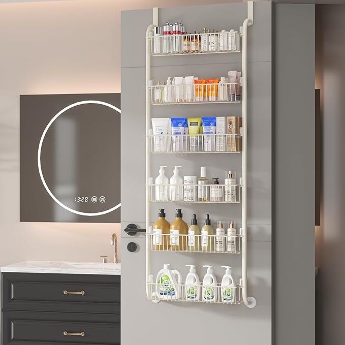 Over the Door Pantry Organizers and Storage, 6-Tier Spice Rack, Home & Kitchen Storage Shelves for Cabinet, Large Capacity Hanging Seasoning Organizer, Laundry Room Organization, White