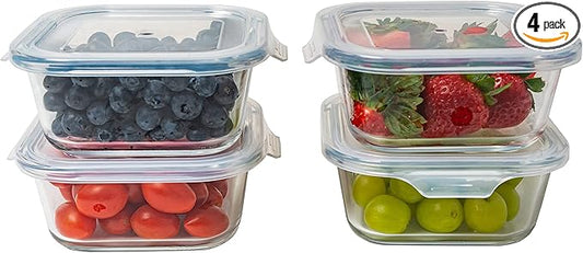 Square Glass Storage Container, Stackable BPA Free Airtight Seal Food Containers with Lids, Meal Prep Kitchen Organization and Storage, 5"x5" x 2.5", 17.6oz, 0.52L, White, 4 Pack