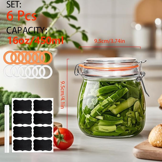 16 oz Wide Mouth Glass Jars with Airtight Lids,6 Pack Pickle Jar Clear Canister for Canning,Preserving,Fermenting,Pickling