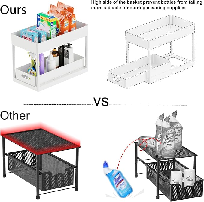 PUILUO Under Sliding Cabinet Basket Organizer, 2 Tier Under Sink Organizers White Under Sink Storage for Bathroom Kitchen