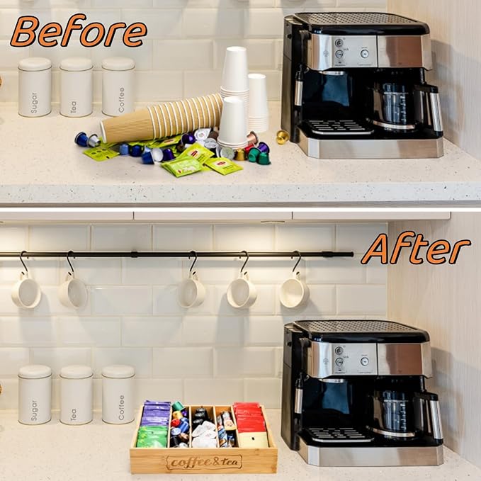 Lyellfe 2 Pack K Cup Holder for Drawers, Bamboo Tea Bag Organizer with Adjustable Dividers, Silverware Utensil Flatware Tray for Coffee Station Home Office, Kitchen