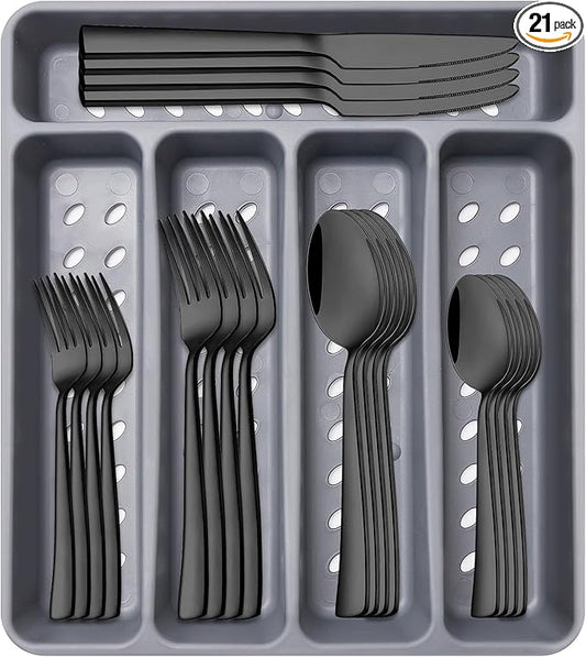 21-Piece Modern Black Silverware Set with Organizer Tray Stainless Steel Eating Utensil Sets Kitchen Knives Forks and Spoons Cutlery Set Heavy Duty Tableware Flatware Sets for 4, Dishwasher Safe