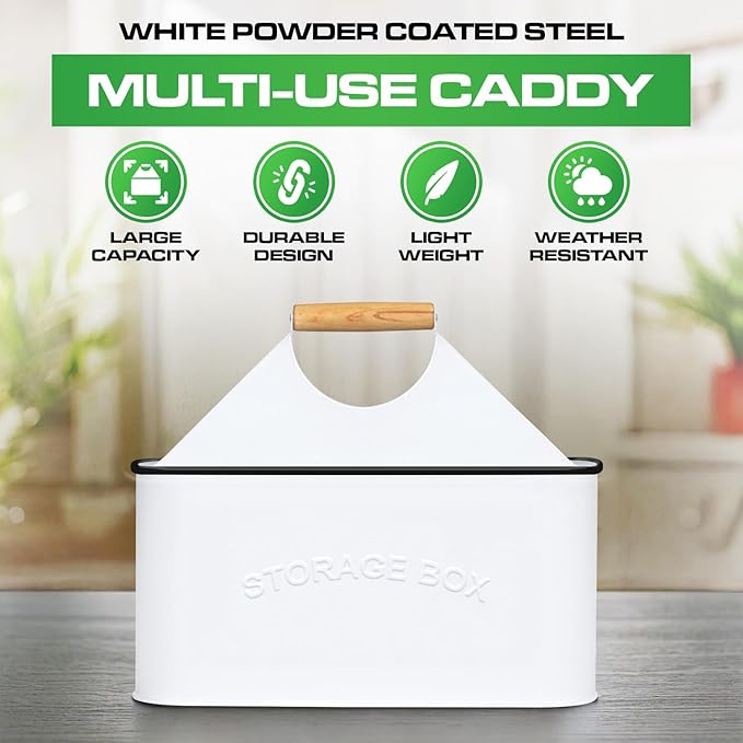 Plexon White Metal Caddy, Table Utensil Caddy with Handle Galvanized Steel Utensil Holder for Party Metal Flatware Caddy Large Silverware Organizer Countertop for Kitchen Garden Patio Bathroom