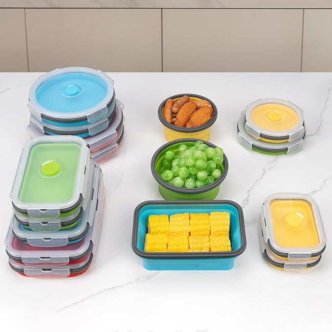 Collapsible Food Storage Containers with Lid & Air Vent, 16 Pack, 8 Rectangular + 8 Round, Annaklin Foldable Silicone Lunch Containers Collapsible Bowls Set, Microwave Freezer Dishwasher Safe, 4-Color