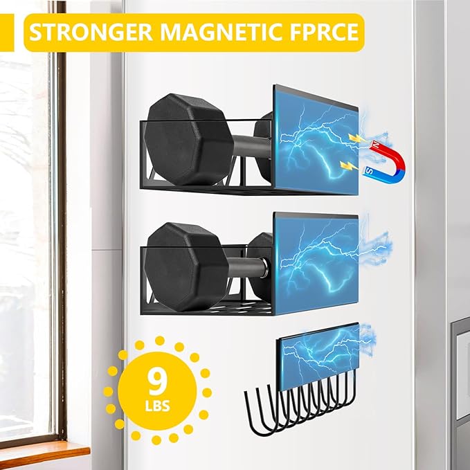 Magnetic Spice Rack Organizer for Fridge Seasoning Organizer for Kitchen storage with Screw or Adhesive Hanging,Magnetic Shelf with Hook for Refrigerator and Oven (Black-8jars, 3pack)