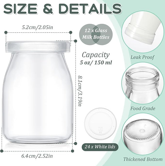 Zubebe 12 Pack Small Glass Milk Bottles Clear Mini Party Bottles with Lids Glass Juice Jars Reusable Small Milk Jars Vintage Breakfast Shake Containers for Baby Shower Birthday Party Favors(5 oz)