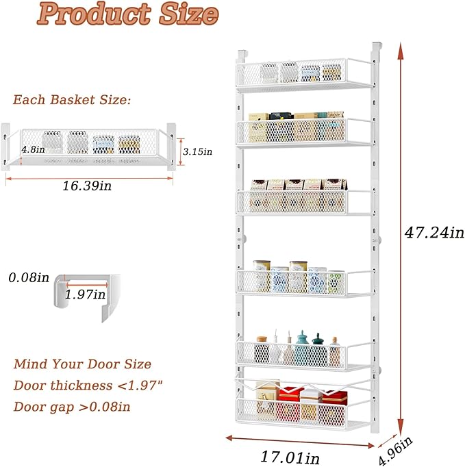 Over the Door Pantry Organizer, 6-Tier Pantry Organization and Storage,Adjustable Hanging Spice Rack Shelves, Cabinet Door Organizer for Easy Install, Home & Kitchen Essentials, White