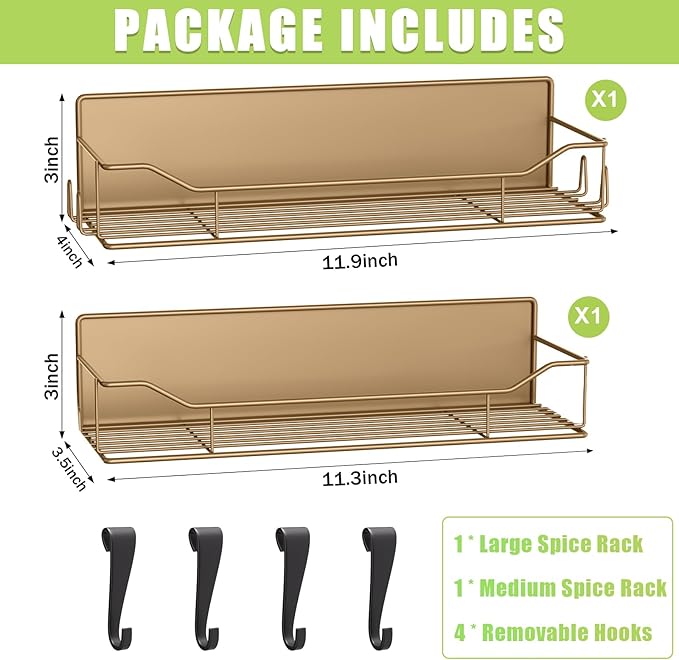 Magnetic Spice Rack for Refrigerator, 2 Pack Strong Magnet Spice Organizer Shelves with Hooks, Magnetic Fridge Shelf for Kitchen Organization and Storage, Seasoning Organizer Gadgets (Brown)