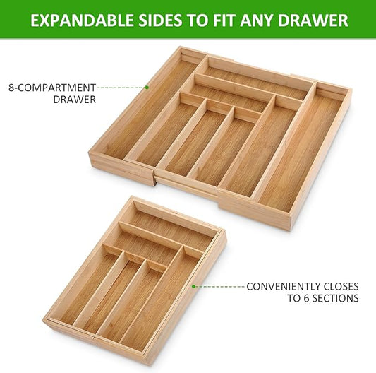 Expandable Silverware Drawer Organizer, Bamboo Kitchen Organizers and Storage, Adjustable Silverware Organizer, Utensil Drawer Organizer for Kitchen Organization (6-8 Slots)