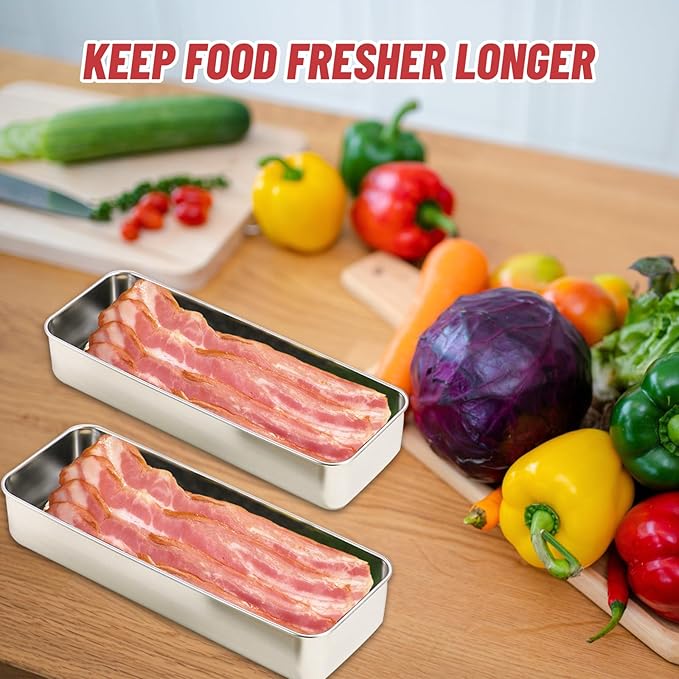 2 Pack Bacon Keeper Container, Cheese Container for Fridge,Lunch Meat Container for Refrigerator, Stainless Steel Deli Containers,Fridge Organizers and Storage with Lids Stackable (Bacon)
