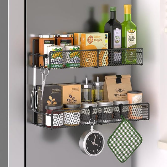 Magnetic Spice Rack for Refrigerator, 2 Pack Metal Magnetic Shelf Black, Moveable Spice Organizer with Hooks, Super Magnetic Fridge Shelf for Kitchen Organization and Storage