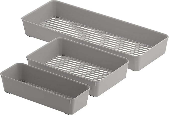 Spectrum Diversified Hexa Drawer Organizer Tray Modern Kitchen Cutlery, Utensil, Silverware Holder, Cabinet Storage, Set of 3, Stone Gray