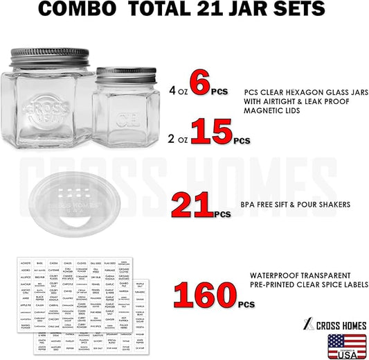 Magnetic Spice Jars Combo Pack 21 Set (6 Large 4 oz + 15 Small 2 oz) Refrigerator Hexagon Glass Spice Jar Magnetic Lid Shaker Spice Labels Magnetic Glass Spice Containers for RV Kitchen Fridge Cabinet