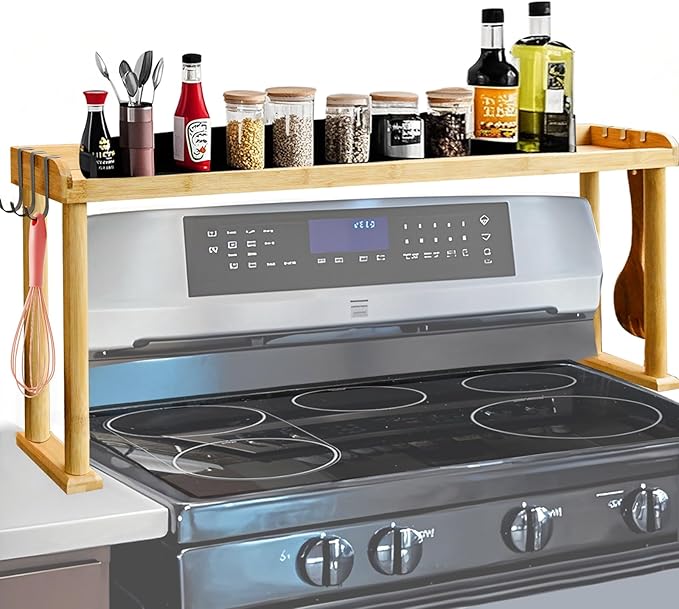 34 Inch Over The Stove Spice Rack Bamboo Over The Stove Shelf for Kitchen, Spice Organizer for Top of Stove, Easy Installation 34.6 * 5.1 * 13.6 Inch