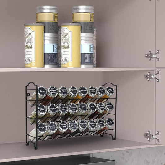 SWOMMOLY 3 Tier Spice Rack Organizer with 24 Empty Round Spice Jars, 396 Spice Labels, Funnel and Chalk Marker Complete Set, Black