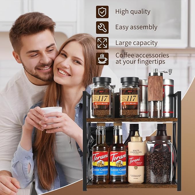 YINMIT Countertop Shelf Organizer,Coffee Bar Accessories,Spice Rack,Coffee Counter Shelf,2 Tier Coffee Organizer Station for Mugs,Cups,Cream,Syrup(Rustic Brown, Medium)