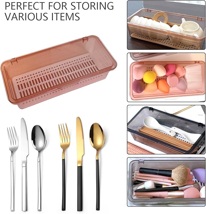 Flatware Tray with Lid,Silverware Tray Kitchen Cutlery Tray and Utensil Storage Container for Flatware and Silverware (Brown)