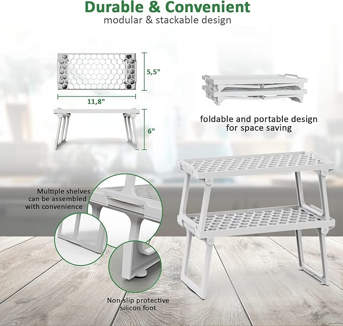 ums Kitchen Cabinet Shelf Organizers, White Plastic Stackable Freezer Rack, Shelf Riser, Usable Storage Rack for Your Spice, Refrigerator, Pantry (12 X 5.5 inch) Fridge Shelf Riser Pack of 4