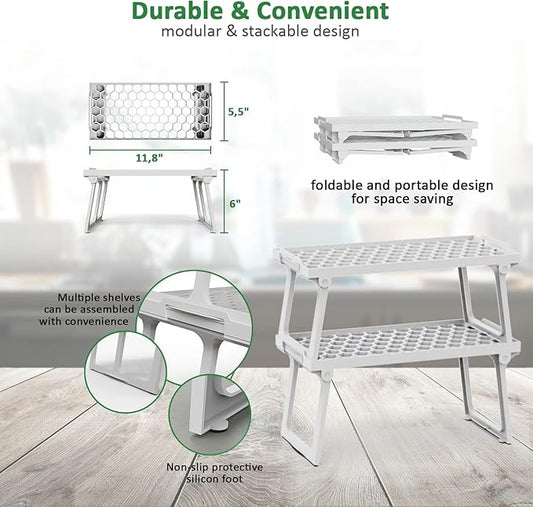 ums Kitchen Cabinet Shelf Organizers, White Plastic Stackable Freezer Rack, Shelf Riser, Usable Storage Rack for Your Spice, Refrigerator, Pantry (12 X 5.5 inch) Fridge Shelf Riser Pack of 4