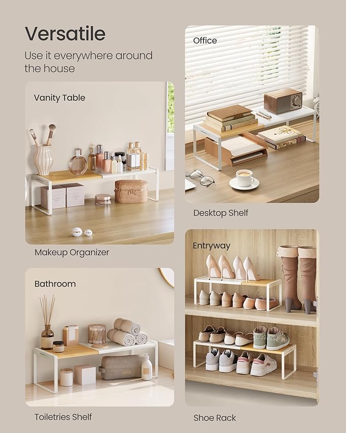 SONGMICS HOME Spice Rack, Expandable Cupboard Shelf Orgnizer, Kitchen Counter Shelf, Bamboo and Metal, Space-Saving Shelving, Stackable, Natural Beige and Cream White UKCS052W01