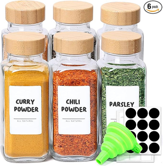 ComSaf 8 oz 6Pcs Glass Spice Jars with Label, Empty Spice Containers with Bamboo Lids, Square Seasoning Containers Trial and Supplement Set, Small Seasoning Bottles for Salt, Herbs, Sugar, Pepper