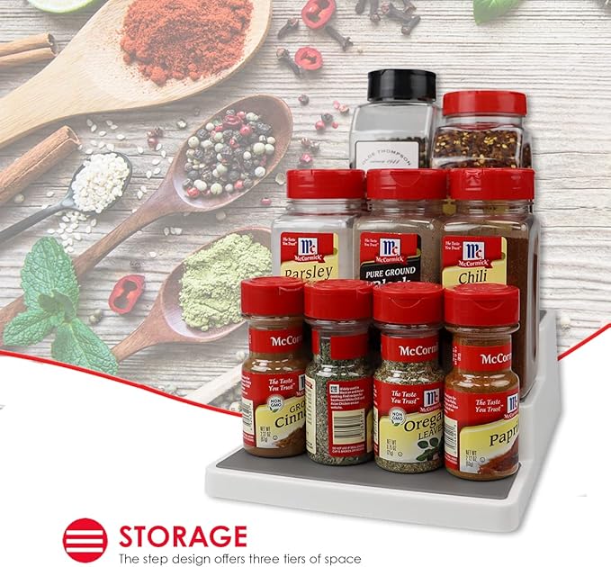 Home Basics 3 Tier Plastic Seasoning Rack with Rubber Lined Shelves, White Multi-Purpose Step Style Spice Organizer for Cabinets, Countertops and Pantries