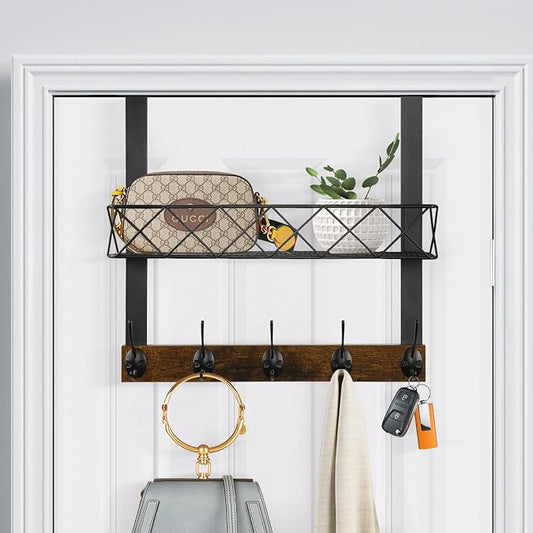 YINMIT Over The Door Hooks Organizer with Basket, Over The Door Towel Rack with 5 Metal Hooks, Door Hangers for Clothing, Over Door Hanger for Bathroom, Bedroom, Kitchen