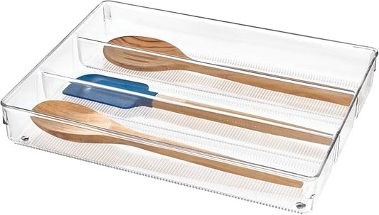 iDesign Linus Plastic Kitchen Drawer Utensil Organizer, Divided Storage Container for Silverware, Spatulas, Gadgets, 3.8" x 10.5" x 2" - Clear