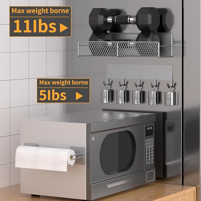 Grey Metal Spice Rack for Refrigerator, 10 Pack Moveable Magnetic Shelf Organizer with Hook Rack, Paper Towel Holder, Kitchenware Holder, Strong Magnetic Storage Fridge Organizer