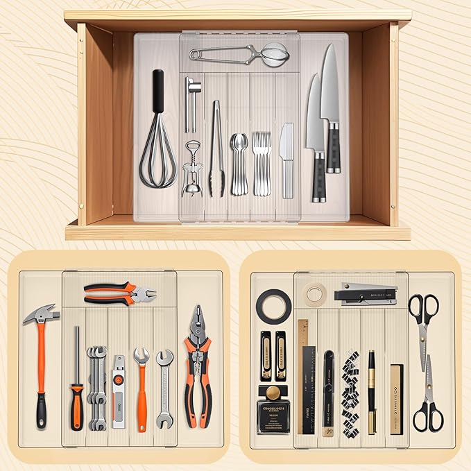 JYPS Silverware Organizer - Expandable Kitchen Drawer Organizer, Adjustable BPA Free Utensil Organizer, Cutlery Drawer Organizer for Forks, Knives, Clear Middle