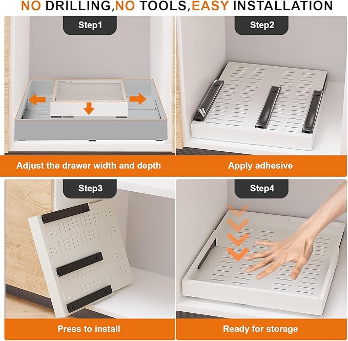 Expandable Pull Out Cabinet Organizer with Depth(16"-22") and Width(12 "-20"), Adhesive Slide out Drawers for Pots, Spice, Pantry Storage, Adjustable Roll out Shelves for Kitchen, White