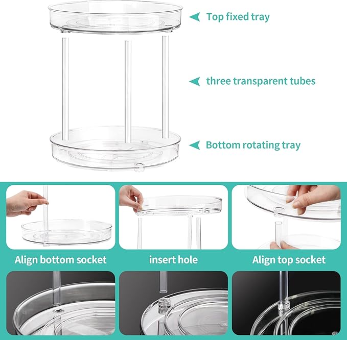 Lazy Susan Turntable Organizer for Cabinet, 2 Tier Clear Spice Rack for Pantry Lazy Susan Organizer, Kitchen, 11 inch