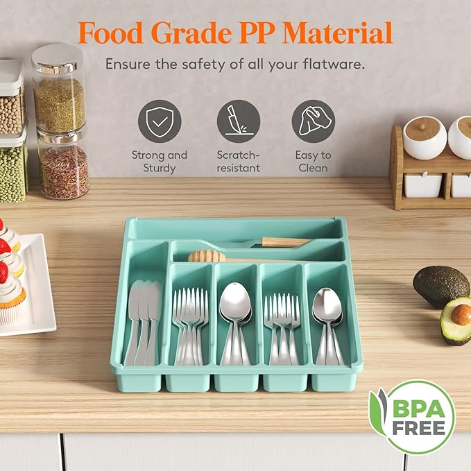 Lifewit Silverware Drawer Organizer Tray, Plastic Cutlery Storage for Kitchen Drawer, Flatware and Utensil Holder Divider for Spoons Forks Knives Tableware, 7 Compartment, Turquoise