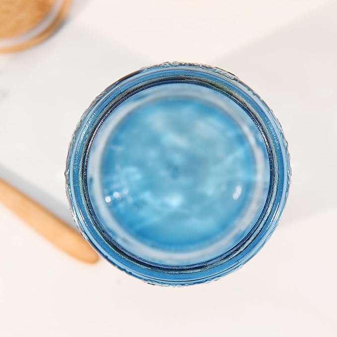 Blue Vintage Glass Candy Jar with Airtight Bamboo Lid, 23.7oz Kitchen Storage Canister for Sugar, Coffee, Tea, Cookies, Bath Salt - Decorative Mason Jar for Pantry & Counter(Blue, 23.7 fl oz)