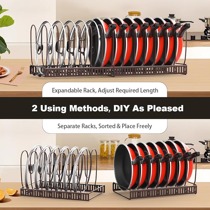 Pot and Pan Organizer Rack for Cabinet, Expandable Pot Lid Organizer with 14 Adjustable Dividers, Pan Holder Storage Rack for Kitchen Cabinet, Bronze