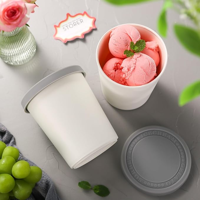 2Pack Ice Cream Containers for Homemade Ice Cream（1 Quart Each），Reusable Plastic Storage Containers Cups with Lids for Freezer，Stackable Storage Container for Gelato，Yogurt, Sorbet