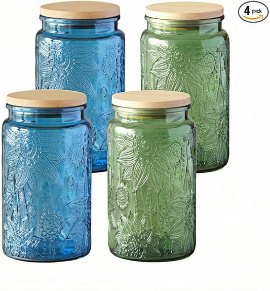 ANSQU 4-Pack Vintage Glass Jars with Airtight Lids, 34oz Glass Food Storage Containers for Kitchen Pantry Coffee, Tea, Candy, Cookie, Decorative Mason Jar (Blue&Green)