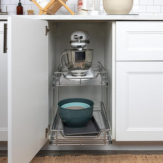 Household Essentials Glidez Multipurpose Chrome-Plated Steel Pull-Out/Slide-Out Basket Storage Organizer for Under Cabinet Use - 2-Tier Design - Fits Standard Size Cabinet or Shelf, Chrome