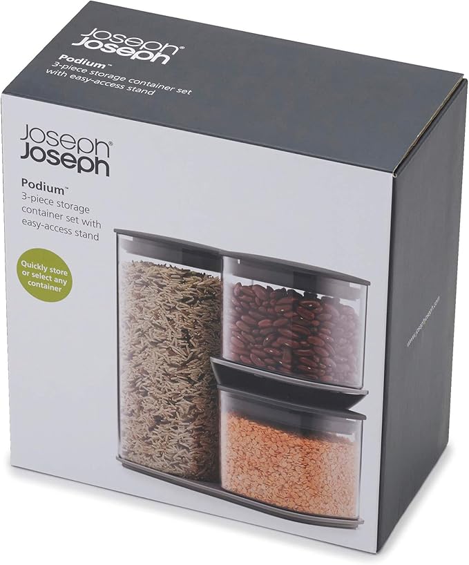 Joseph Joseph Podium Dry Food Storage Container Set with Stand, 3-piece, Gray