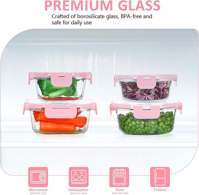 24 Pieces Glass Food Storage Containers Set,Glass Meal Prep Containers-Stackable Airtight Glass Storage Containers with lids,Freezer, Microwave, Oven Safe,Pink