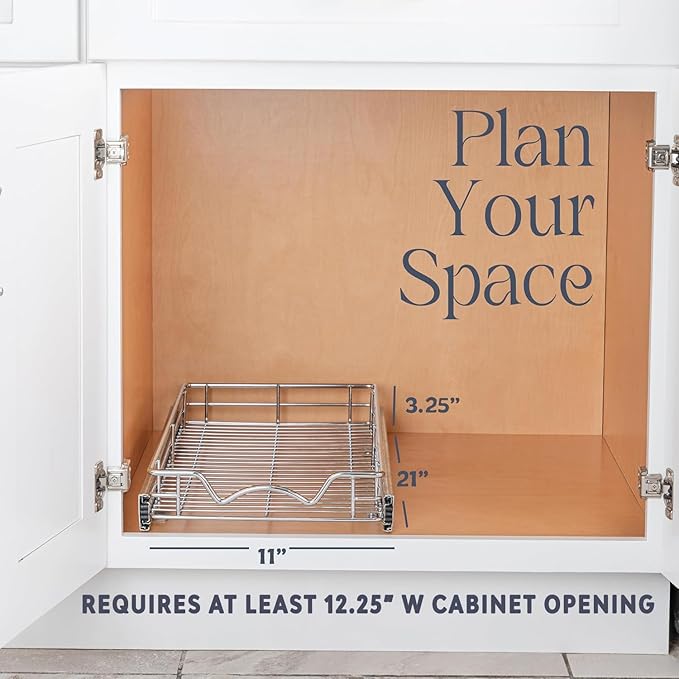 HOLDN' STORAGE Pull Out Cabinet Organizer, Heavy Duty Caddy w/Lifetime Limited Warranty -11”W x 21”D - Requires At Least 12-1/4” Cabinet Opening, Steel Metal Cabinet Drawers Slide Out, Chrome