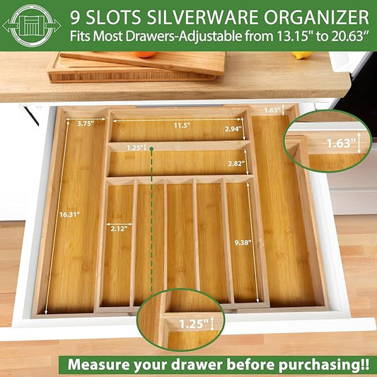 Silverware Organizer with 9 Slots - Bamboo Utensil Drawer Organizer for Kitchen - Expandable Flatware Drawer Organizer Tray for Kitchen Utensils, Cutlery and Tools