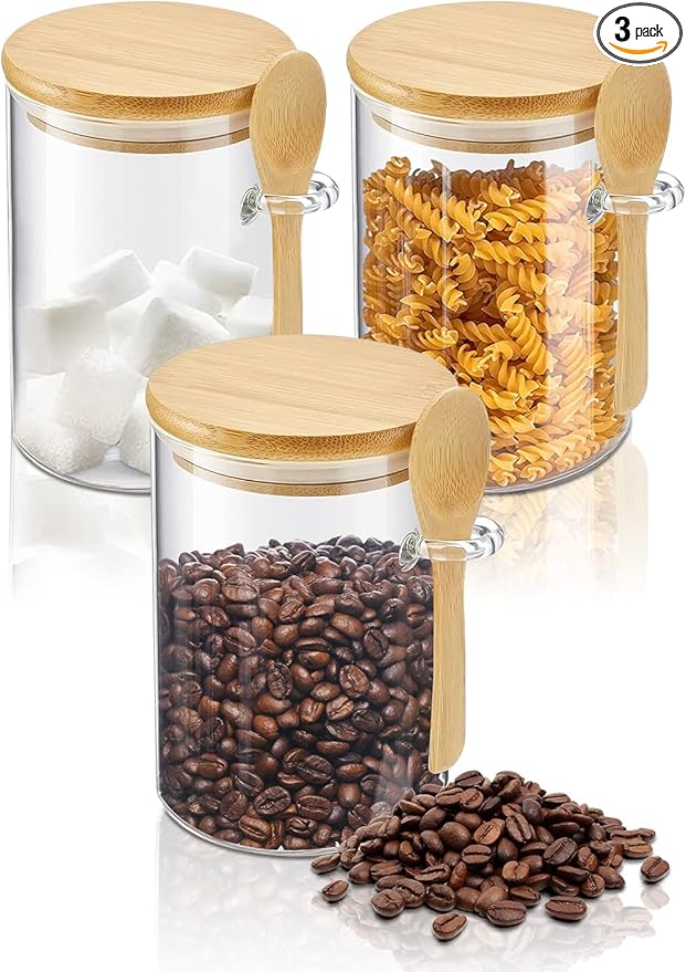 Coffee Sugar Container Salts Jars - 15oz Glass Airtight Caning with Bamboo Lids and Spoons Scoop, Storage Overnight Oats, Spice, Creamer, Food Organizer, Set of 3