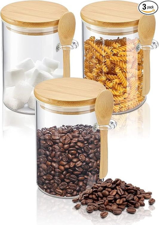 Coffee Sugar Container Salts Jars - 15oz Glass Airtight Caning with Bamboo Lids and Spoons Scoop, Storage Overnight Oats, Spice, Creamer, Food Organizer, Set of 3