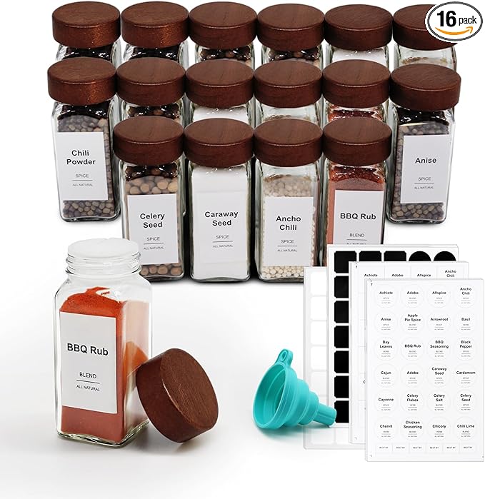 16 Pcs Spice Jars, 4oz Seasoning Containers with Acacia Wood Shaker Lids, Glass Spice Bottles with Labels, Square Seasoning Organizer, Kitchen Spice Container
