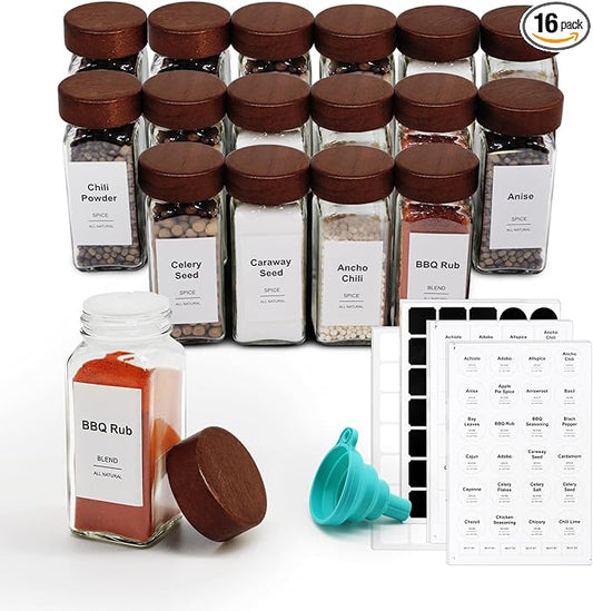 16 Pcs Spice Jars, 4oz Seasoning Containers with Acacia Wood Shaker Lids, Glass Spice Bottles with Labels, Square Seasoning Organizer, Kitchen Spice Container