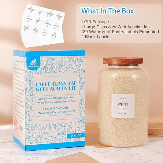 High Borosilicate Large Glass Jar with Airtight Acacia Lid and 132 Kitchen Panty Labels Preprinted - 94 Fl Oz Thicken Big Glass Food Storage Container Canister for Flour, Sugar, Rice, Cookie, Cereal
